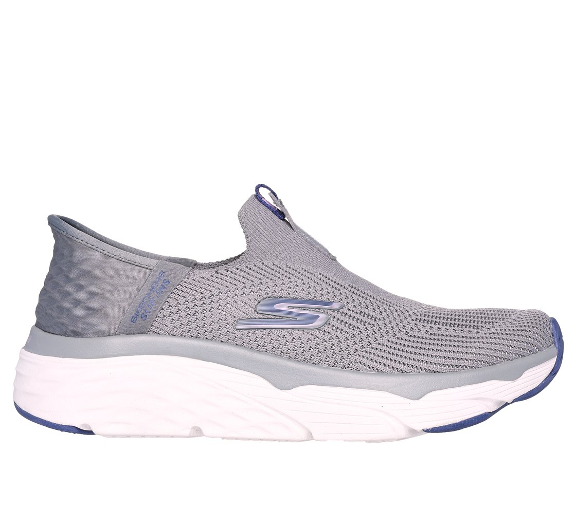 SKECHERS SLIP-INS: MAX CUSHIONING - SMOOTH, CHARCOAL/BLUE Footwear Lateral View