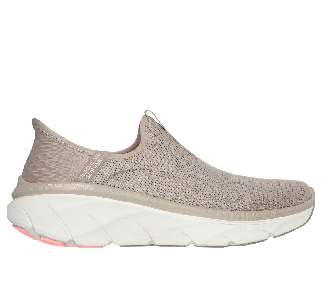 SKECHERS SLIP-INS RF: D'LUX WALKER 2.0- Happy Step, TAUPE/CORAL Footwear Lateral View