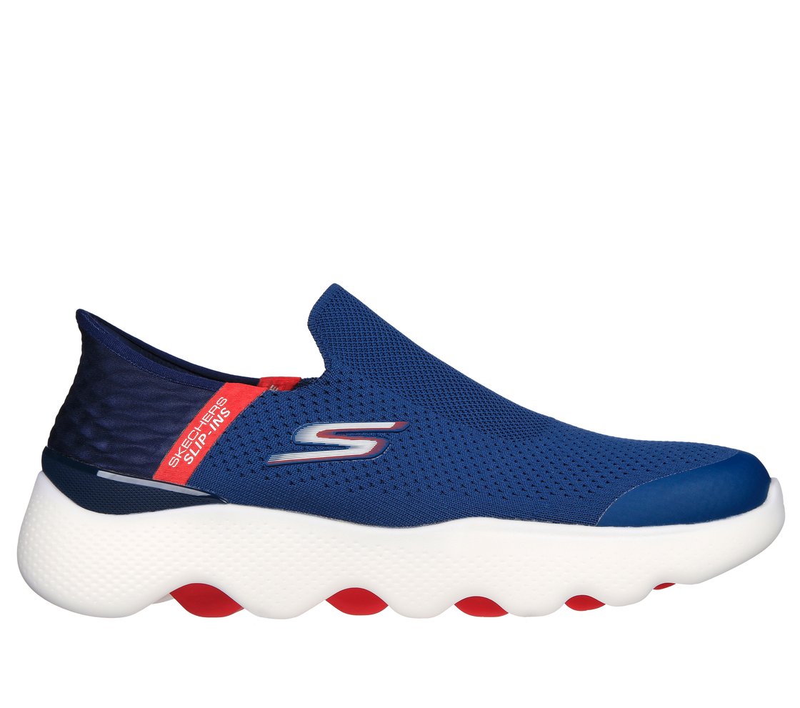 Skechers Slip-ins: GO WALK Massage Fit - Current, NAVY/RED Footwear Lateral View