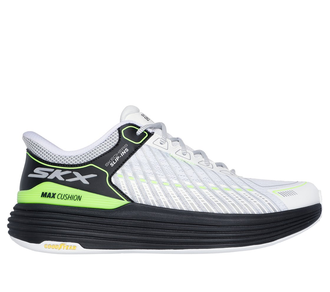SKECHERS SLIP-INS: MAX CUSHIONING SUSPENSION, WHITE BLACK Footwear Lateral View