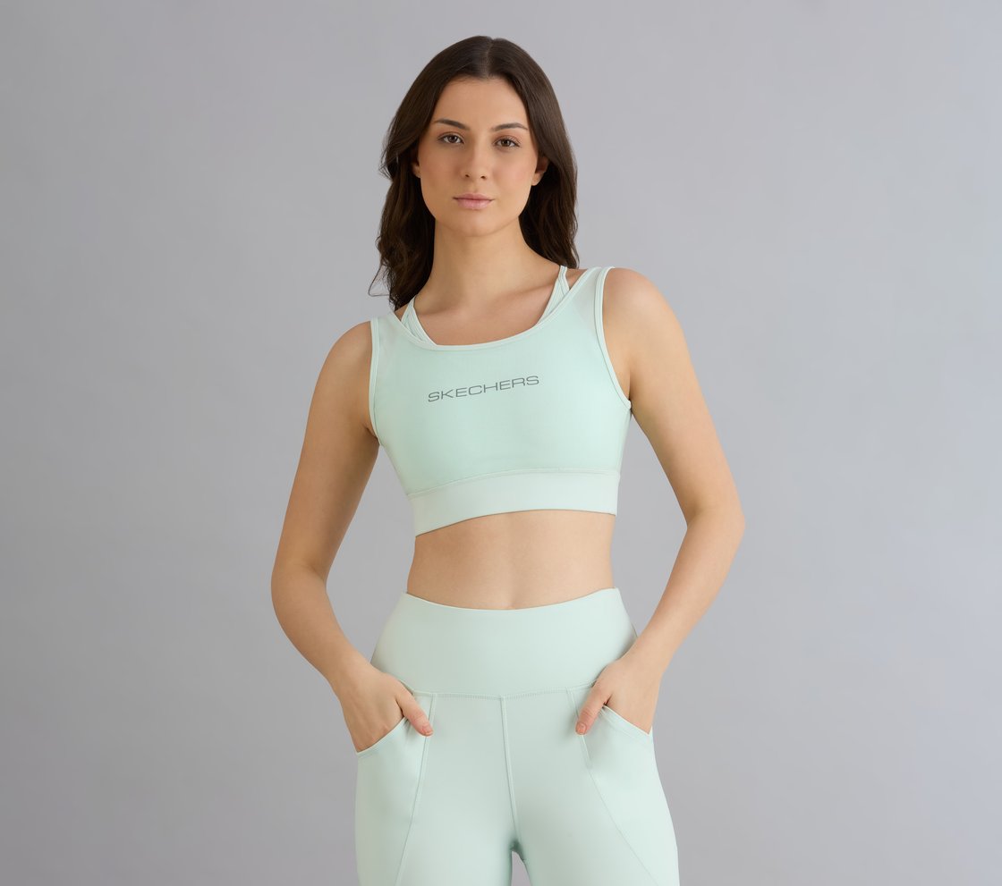 MESH OVERLAY SPORTS BRA, YELLOW/BLUE Apparel Lateral View