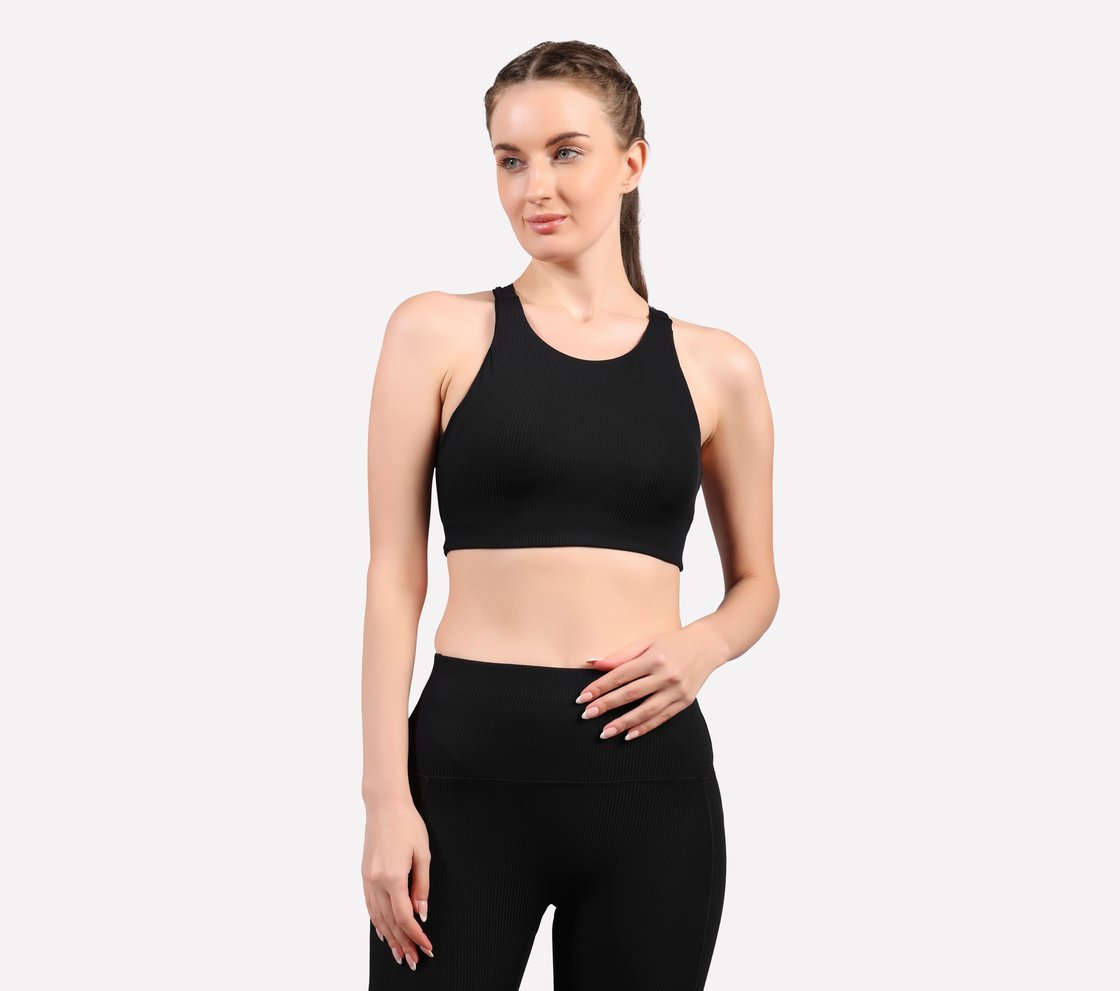 VERTICAL PATTERN SPORTS BRA, BLACK Apparel Lateral View