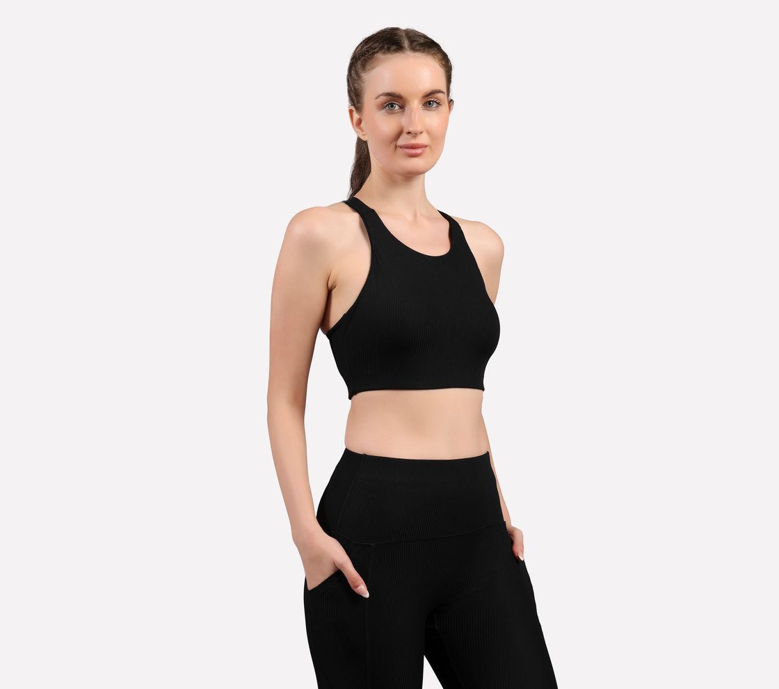 VERTICAL PATTERN SPORTS BRA, BLACK Apparel Bottom View