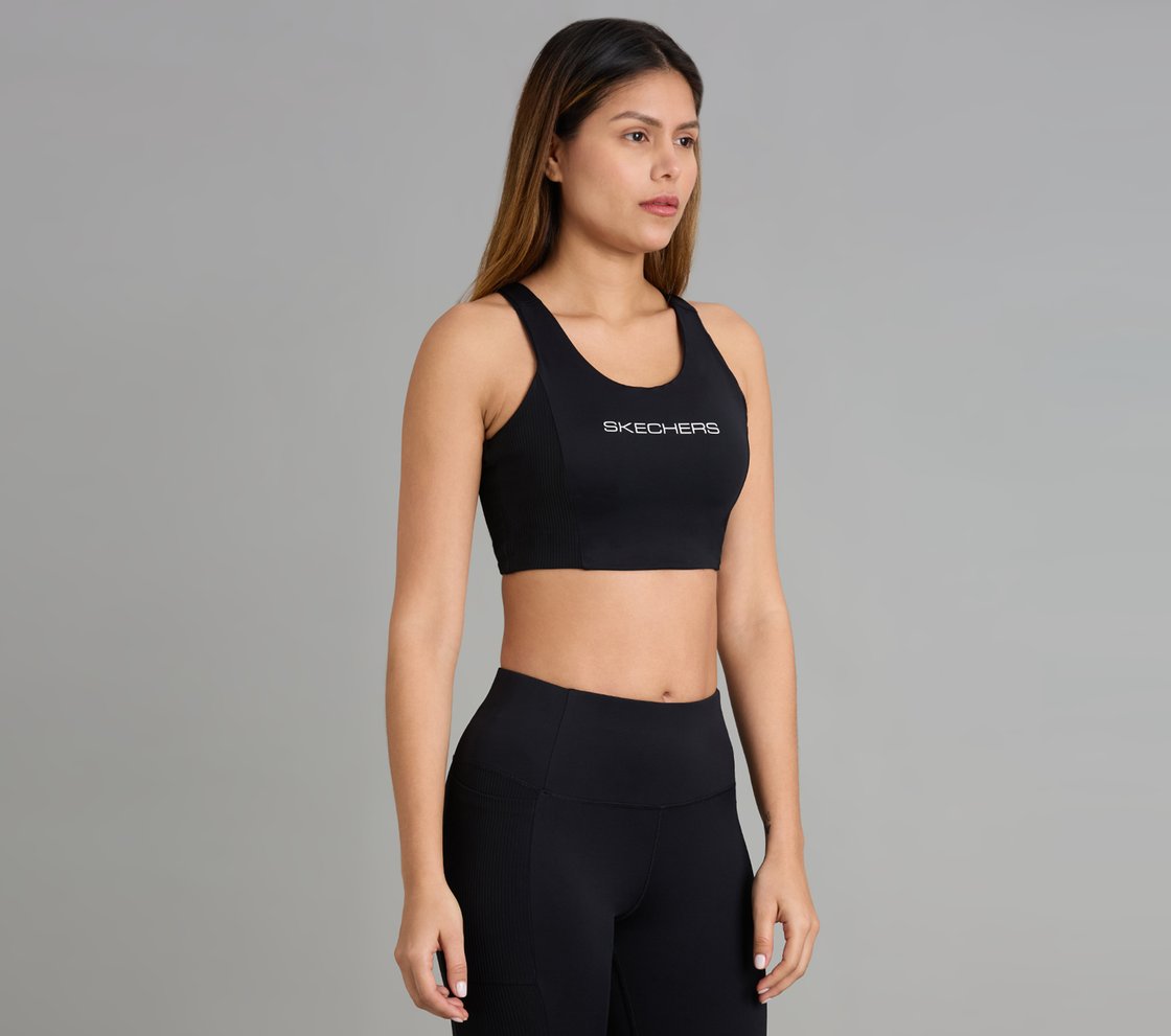 RIB PANELLED SPORTS BRA, BLACK Apparel Bottom View