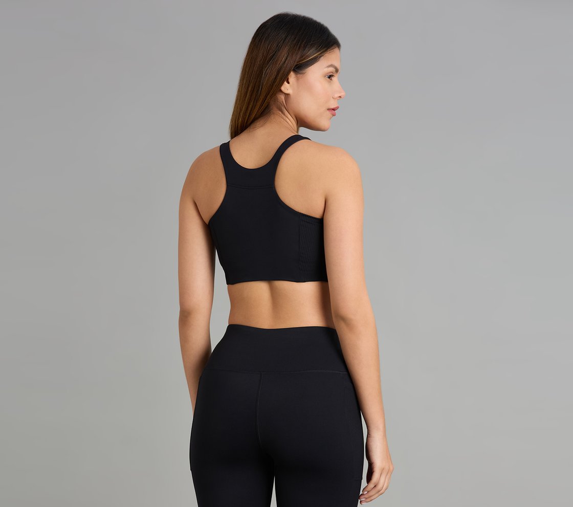 RIB PANELLED SPORTS BRA, BLACK