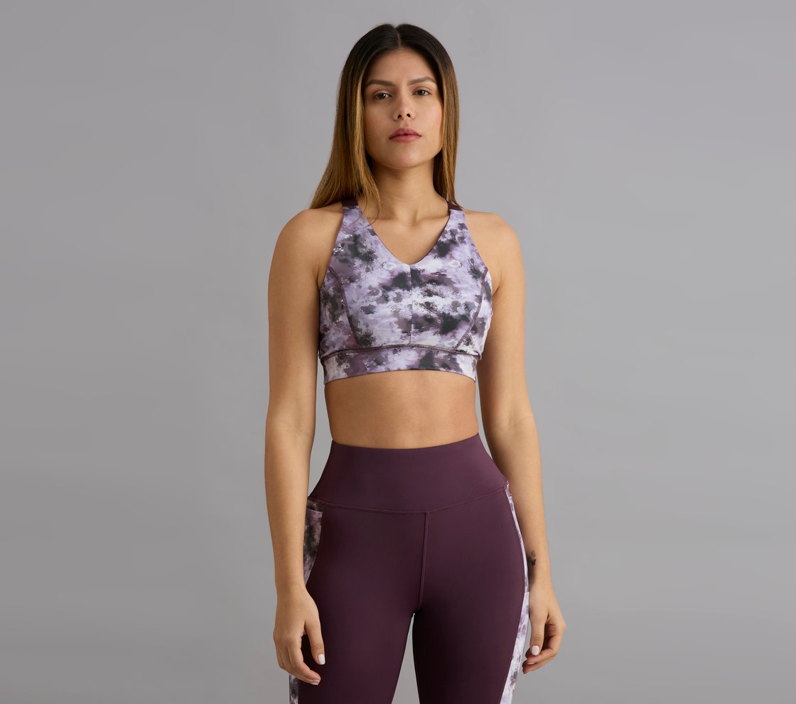 HIGH IMPACT AOP SPORTS BRA, WHITE/TURQ/PURPLE Apparel Lateral View