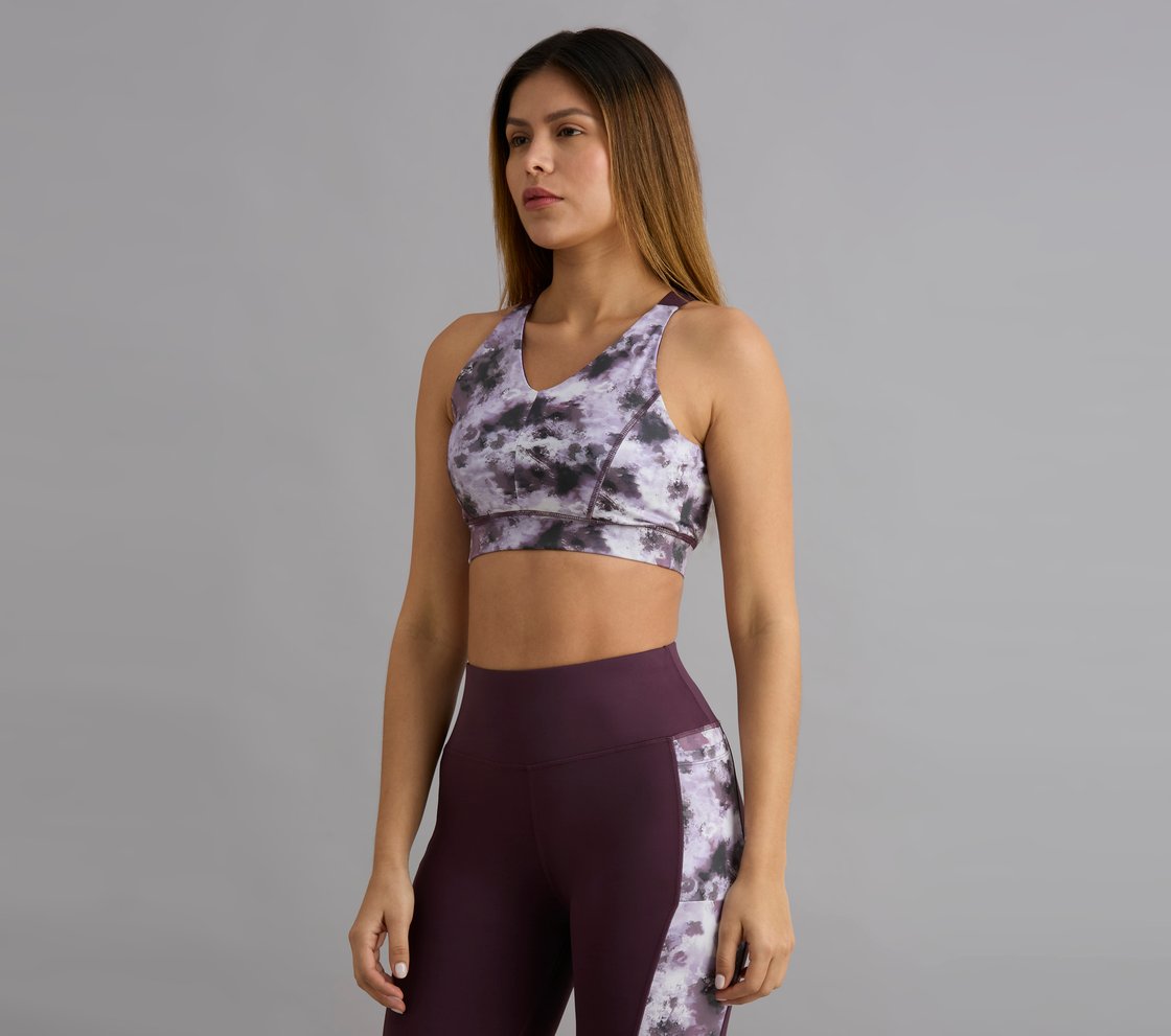 HIGH IMPACT AOP SPORTS BRA, WHITE/TURQ/PURPLE Apparel Top View