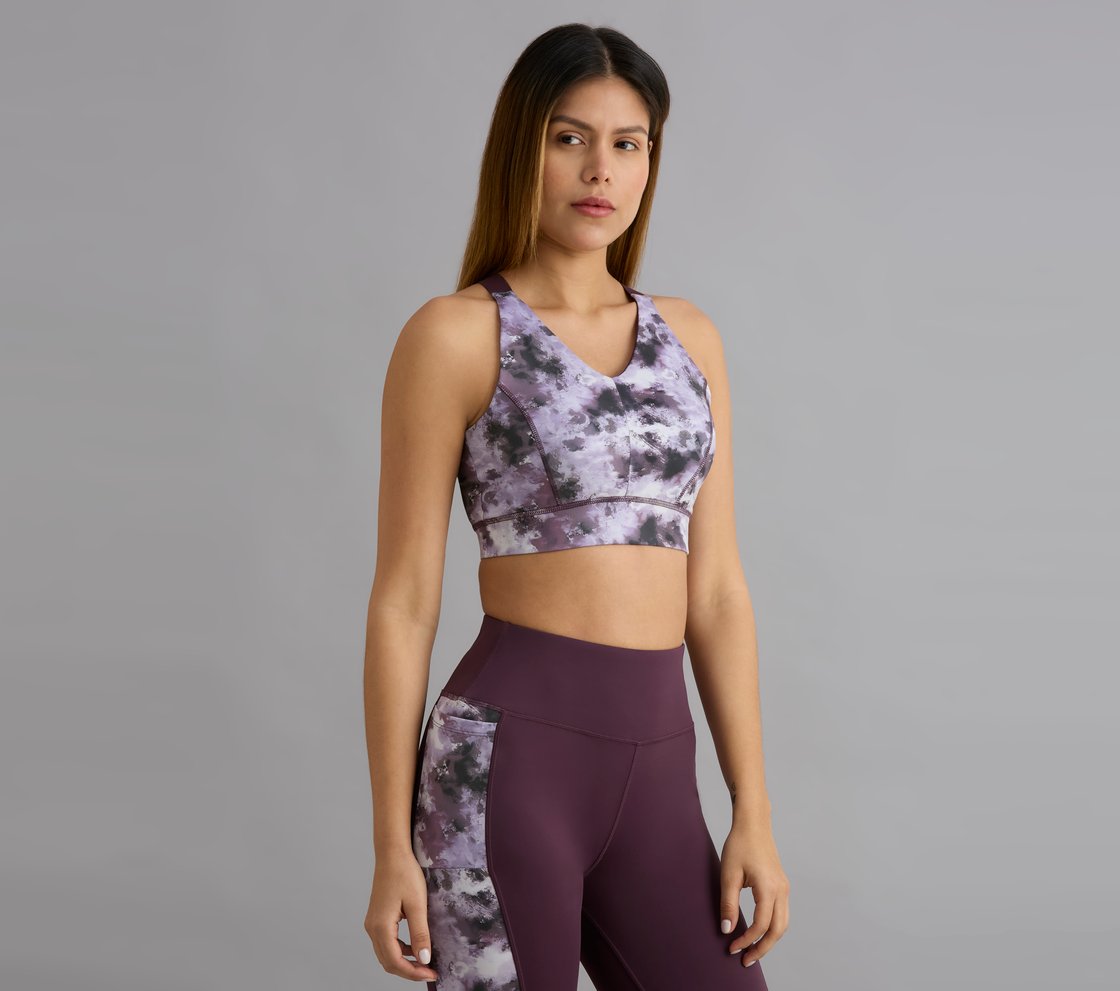 HIGH IMPACT AOP SPORTS BRA, WHITE/TURQ/PURPLE Apparel Bottom View