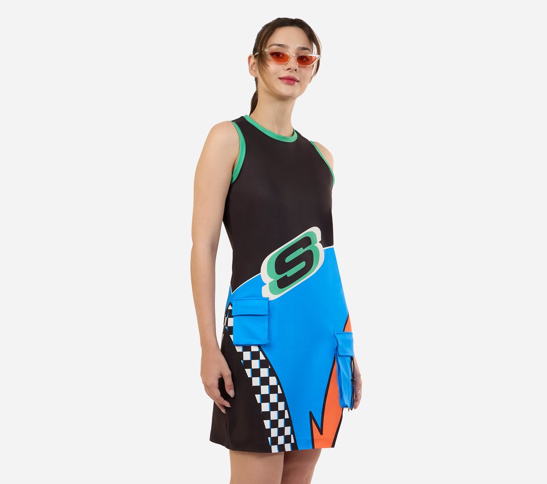 ENGINEERED PRINT DRESS, BLACK