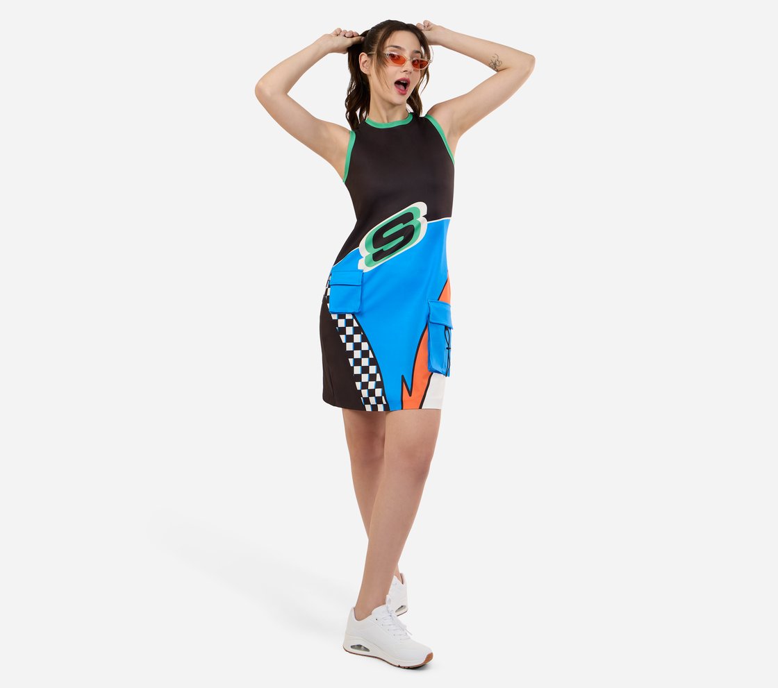 ENGINEERED PRINT DRESS, BLACK Apparel Left View