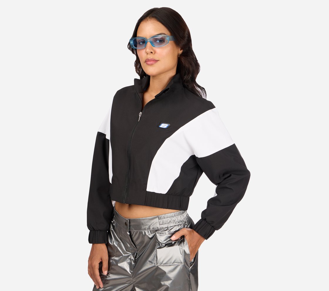 MULTI PANELLED BOMBER, BLACK-CREAM Apparel Top View