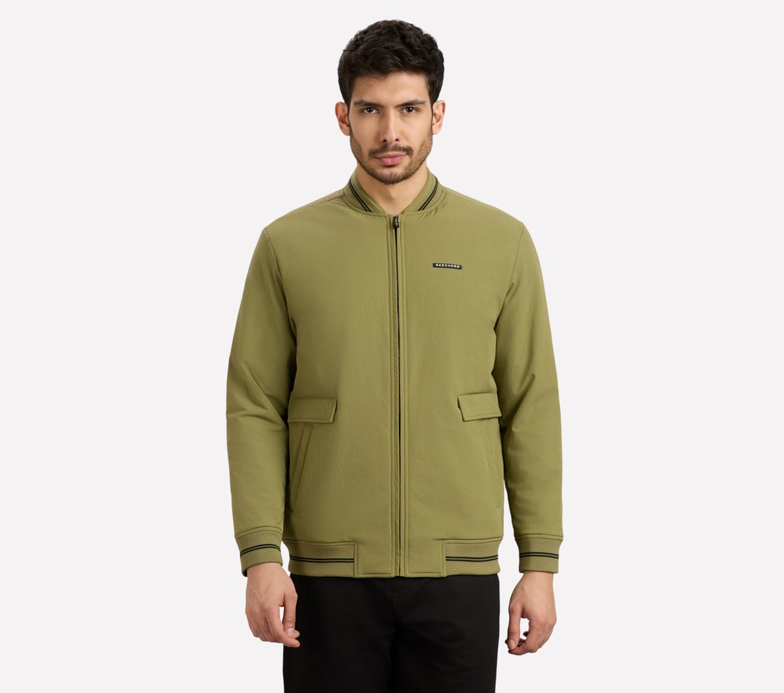 RIB TIPPING VARSITY JACKET, BROWN/SAGE Apparel Lateral View