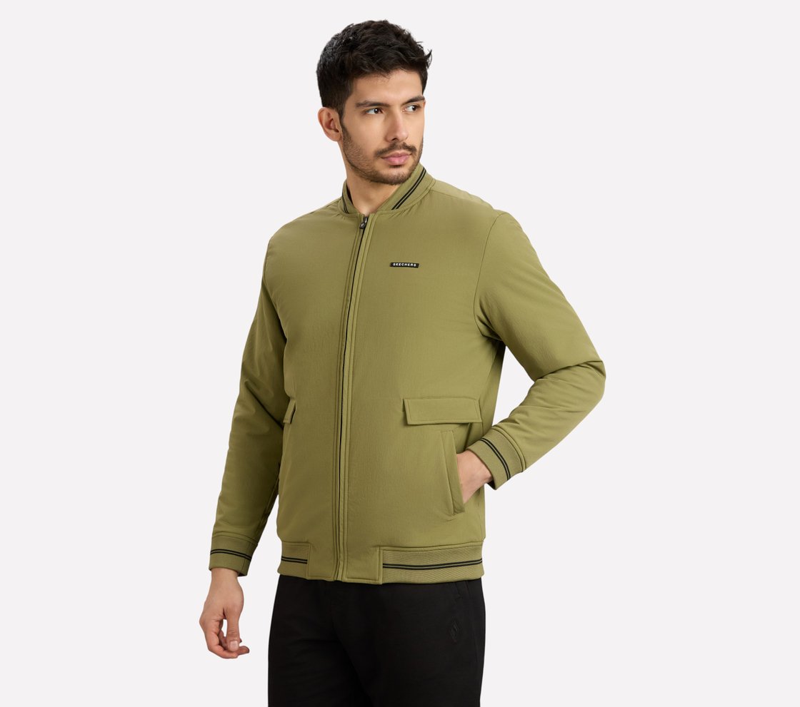 RIB TIPPING VARSITY JACKET, BROWN/SAGE Apparel Top View