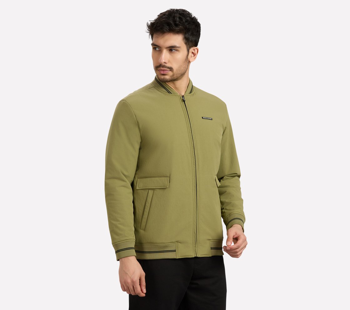 RIB TIPPING VARSITY JACKET, BROWN/SAGE Apparel Bottom View