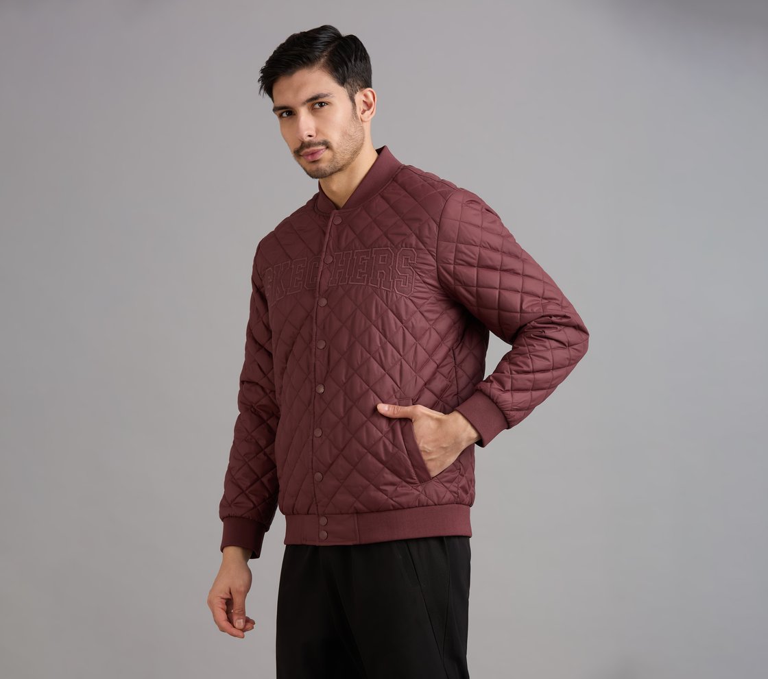 SKECHERS APPLIQUE PUFFER JACK, BURGUNDY/PINK Apparel Top View