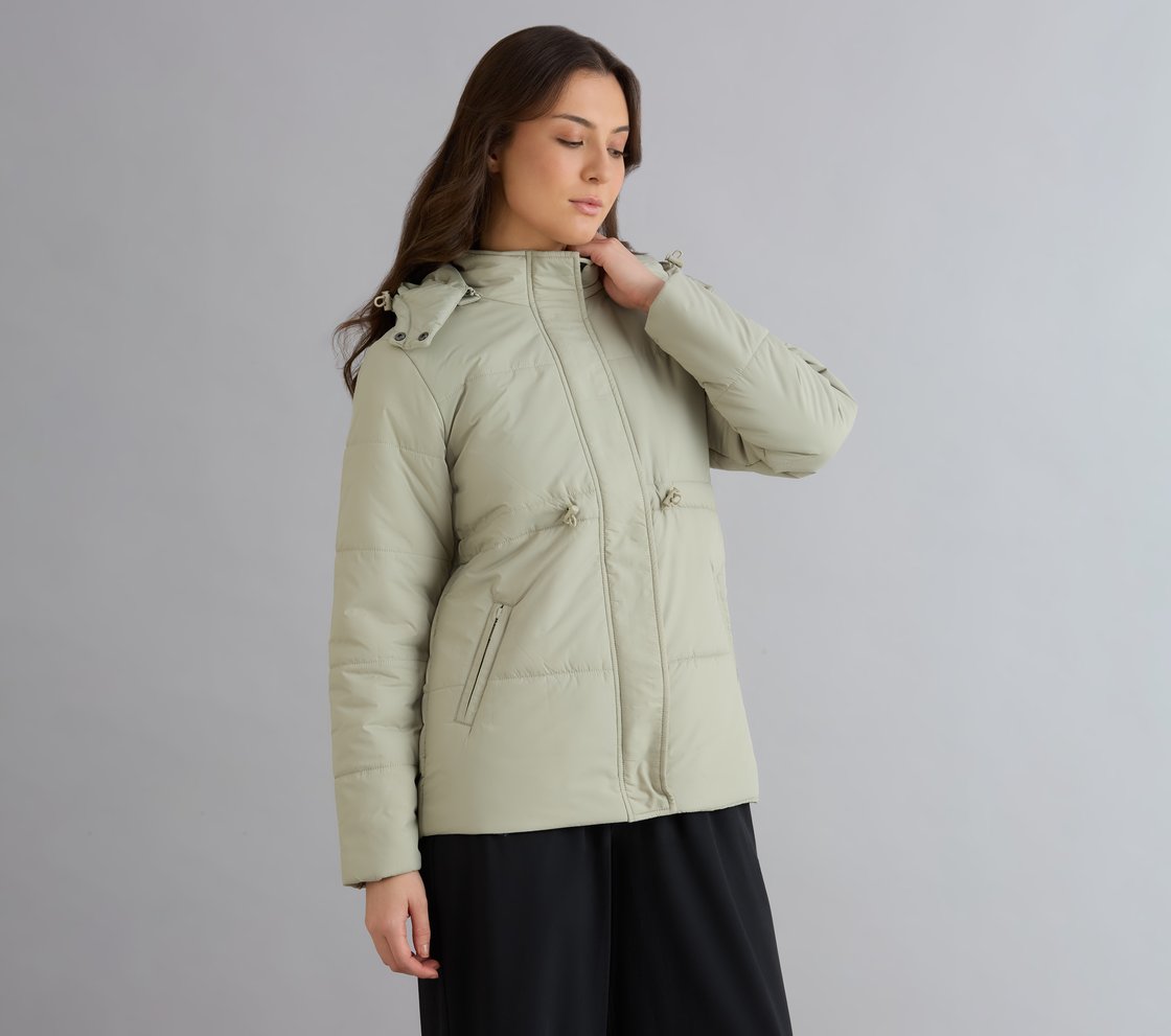 QUILTED WAIST CINCHED JACKET, YELLOW/BLUE Apparel Bottom View