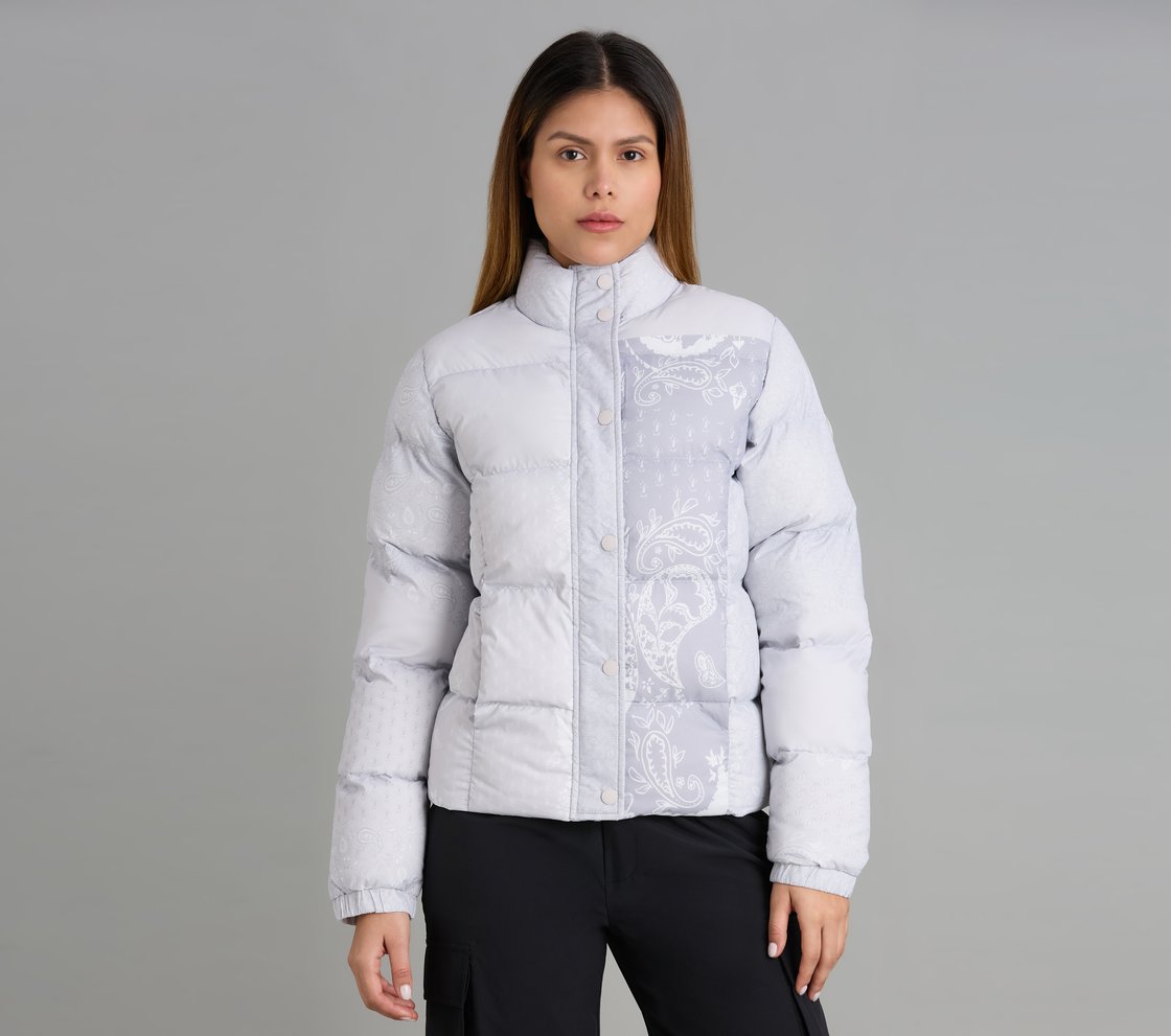 PAISLEY PRINT PUFFER JACKET, GRAY/WHITE/ORANGE Apparel Lateral View