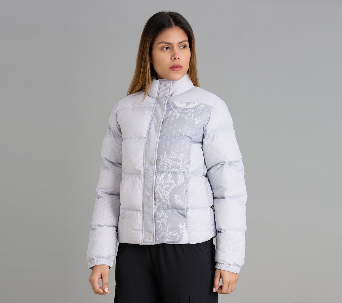 PAISLEY PRINT PUFFER JACKET, GRAY/WHITE/ORANGE Apparel Top View