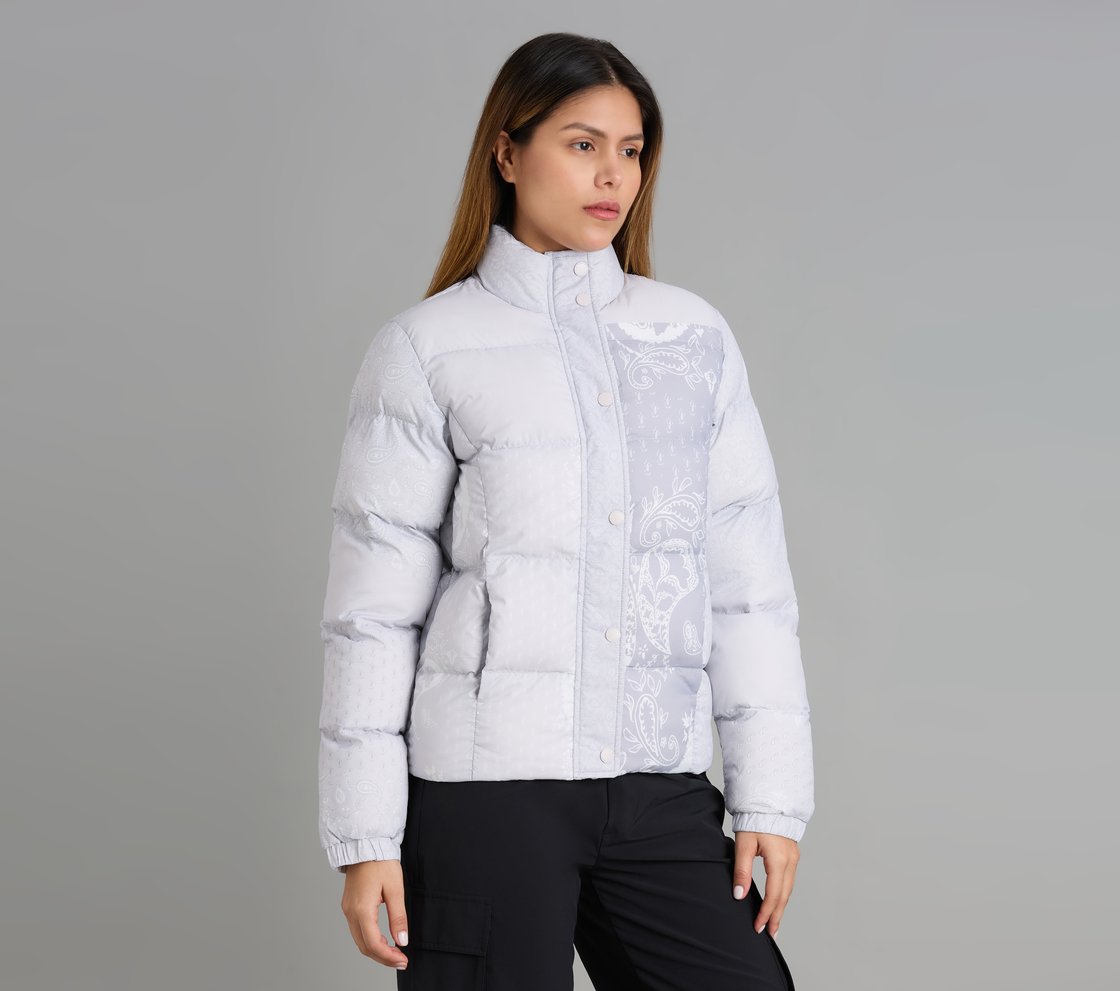 PAISLEY PRINT PUFFER JACKET, GRAY/WHITE/ORANGE Apparel Bottom View