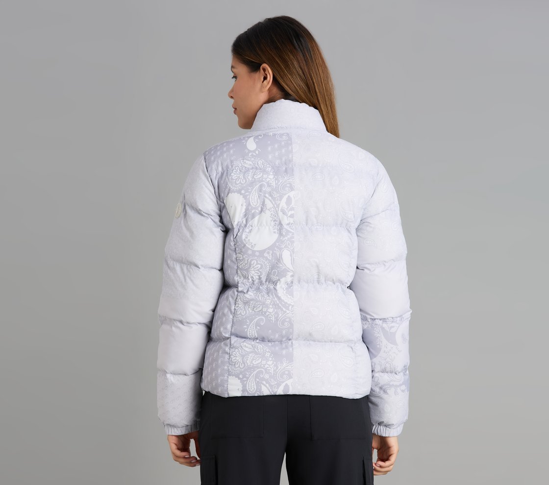 PAISLEY PRINT PUFFER JACKET, GRAY/WHITE/ORANGE Apparel Left View