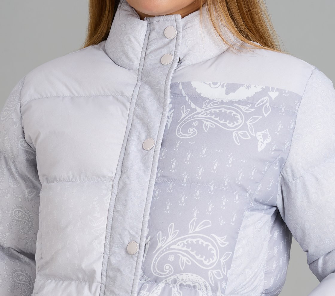 PAISLEY PRINT PUFFER JACKET, GRAY/WHITE/ORANGE Apparel Right View