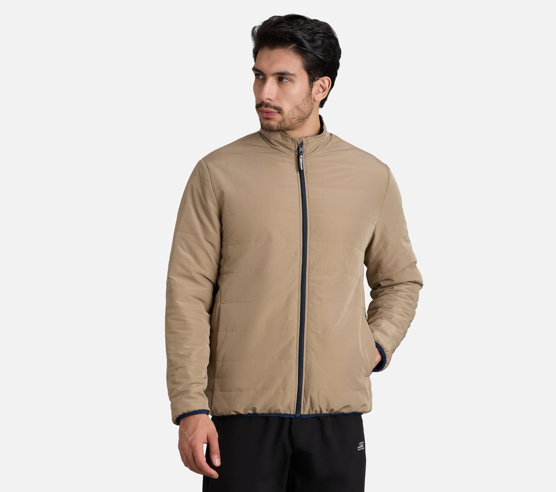SKECHERS CLASSIC PUFFER JACKET, NATURAL/BLUE Apparel Lateral View