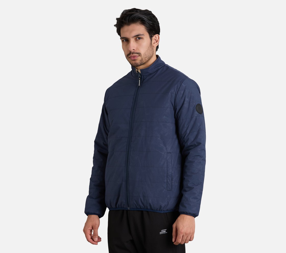 SKECHERS CLASSIC PUFFER JACKET, NATURAL/BLUE Apparel Top View
