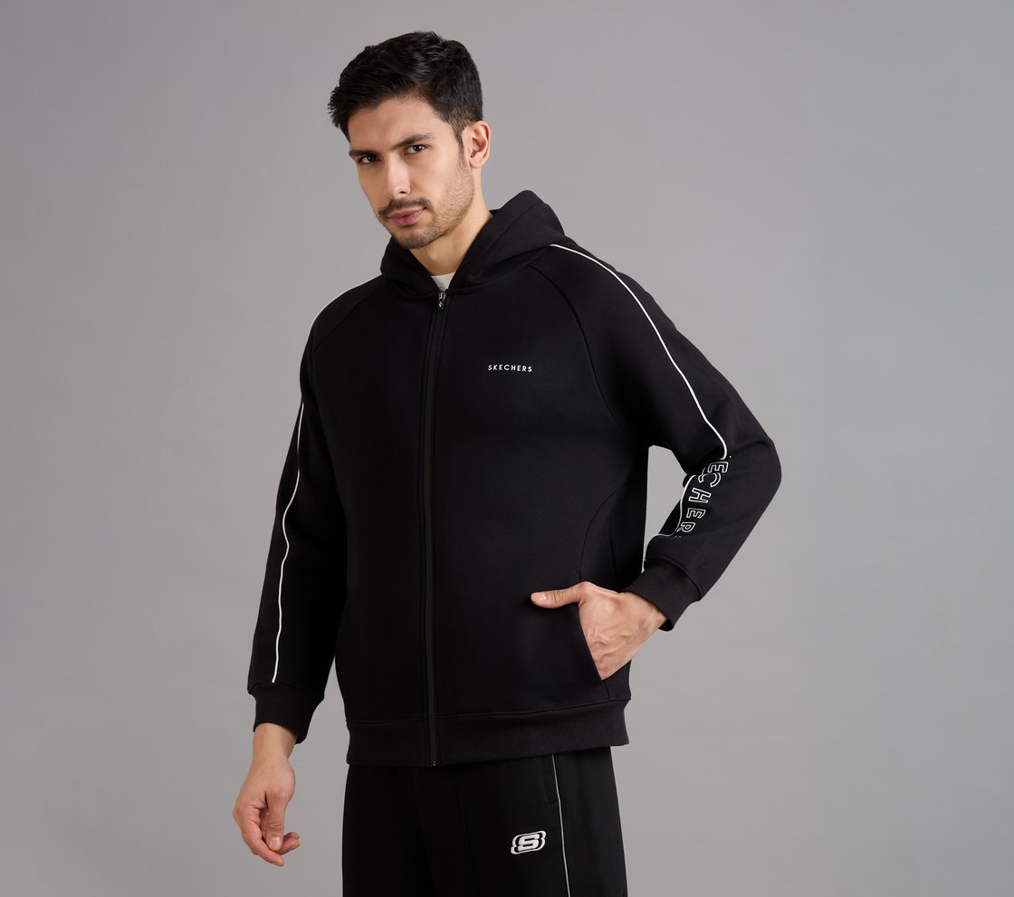 SKECHERS CORDED PANEL HOODIE, BLACK Apparel Top View