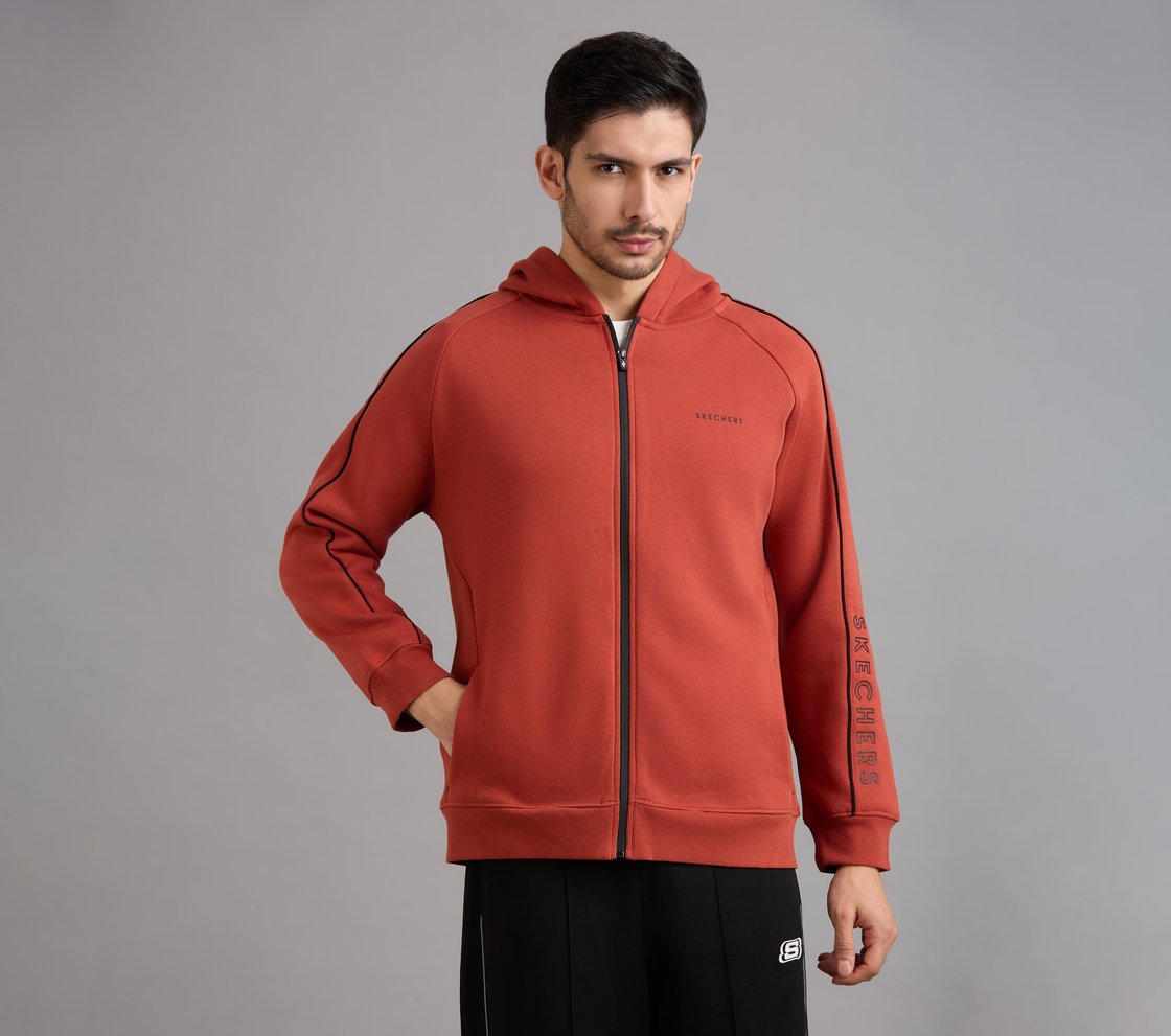 SKECHERS CORDED PANEL HOODIE, CHARCOAL/ORANGE Apparel Lateral View