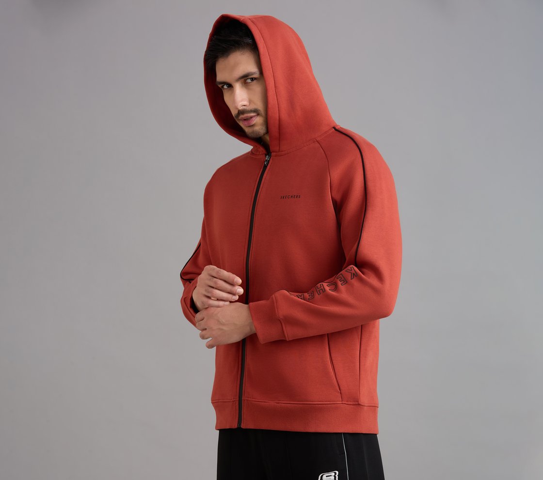 SKECHERS CORDED PANEL HOODIE, CHARCOAL/ORANGE Apparel Top View
