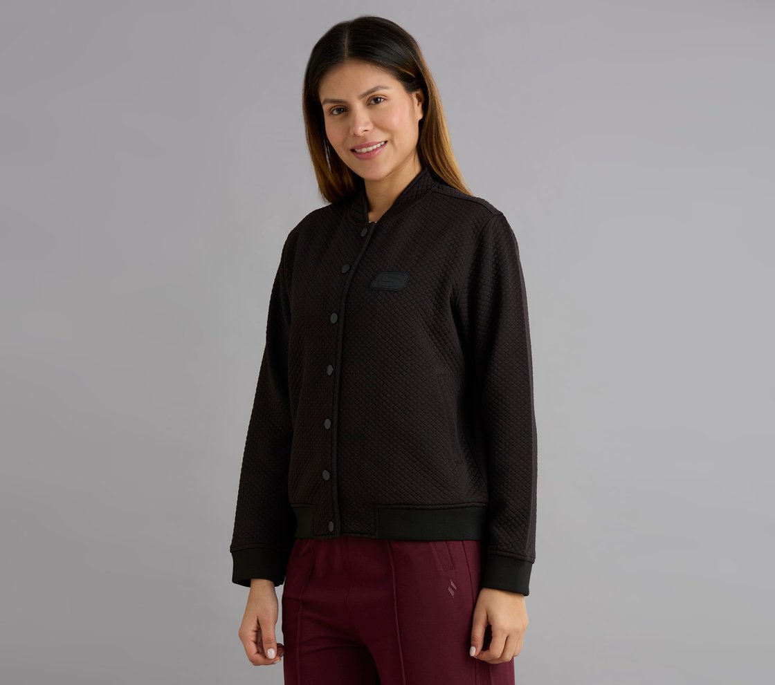 QUILTED SNAP BUTTON JACKET, BLACK Apparel Top View