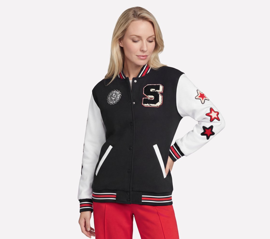 SKECHERS CLASSIC VARSITY JACKET, BLACK Apparel Lateral View