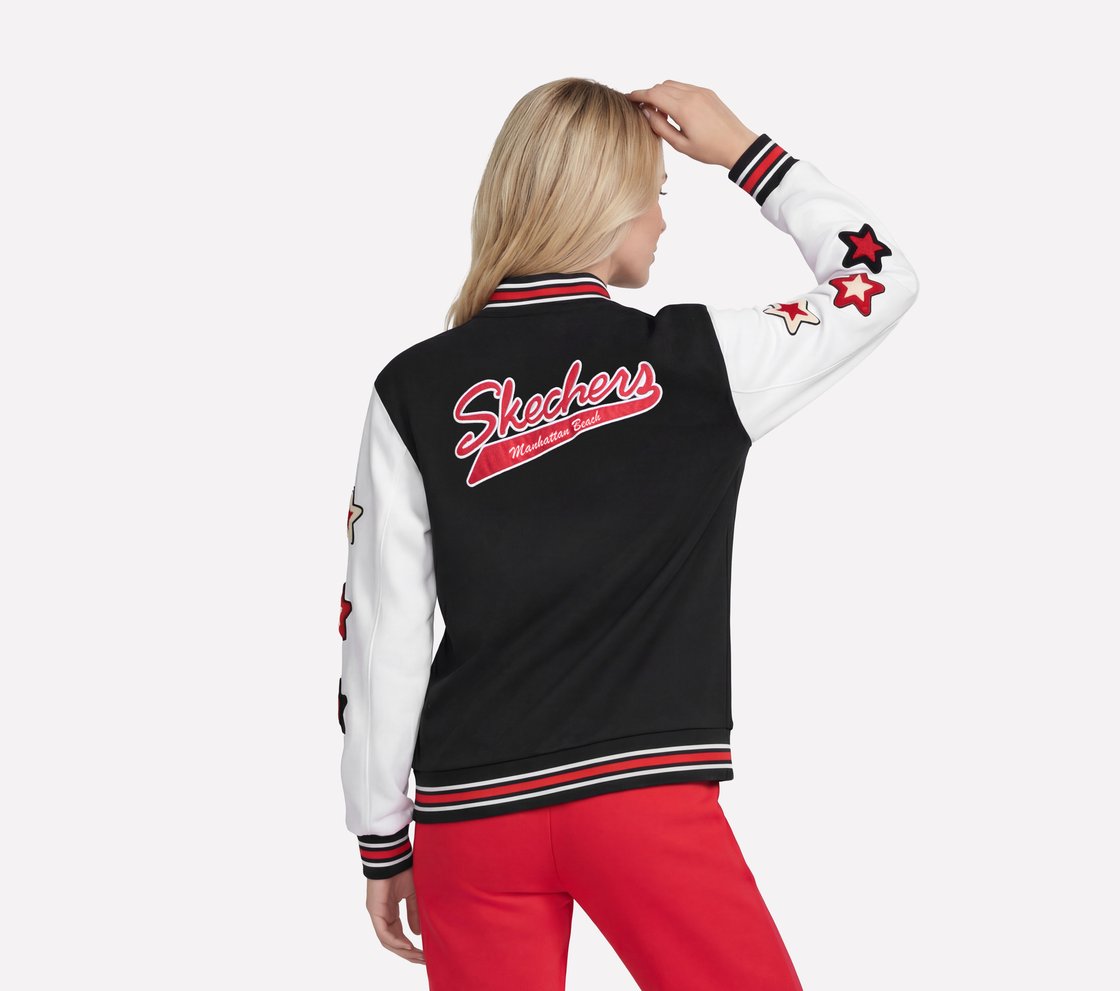 SKECHERS CLASSIC VARSITY JACKET, BLACK Apparel Top View