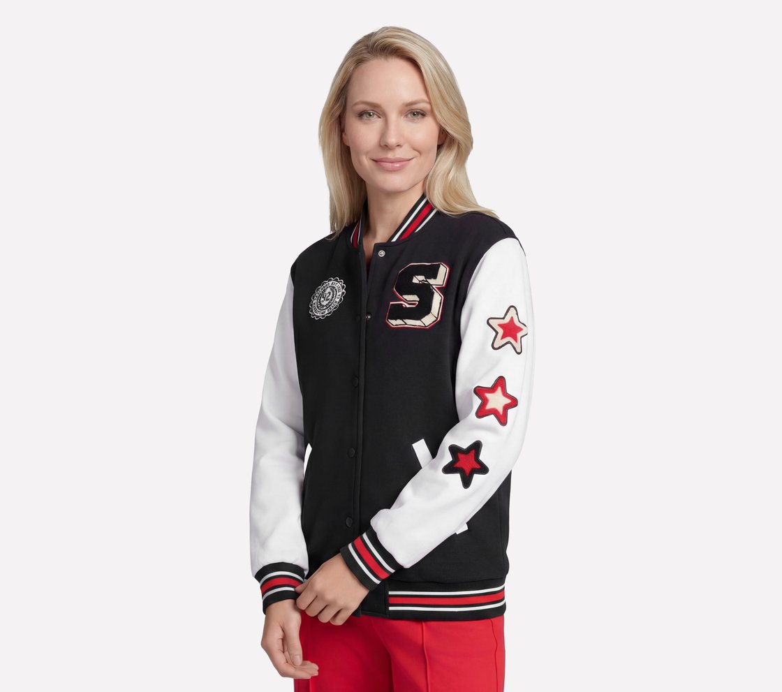 SKECHERS CLASSIC VARSITY JACKET, BLACK Apparel Bottom View