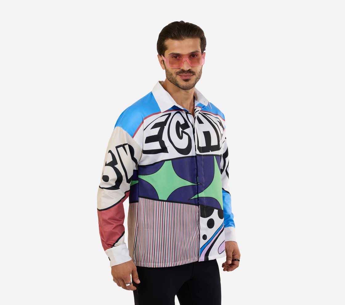 ENGINEERED PRINT FULL SLEEVE SHIRT, TURQ/ PURPLE Apparel Top View