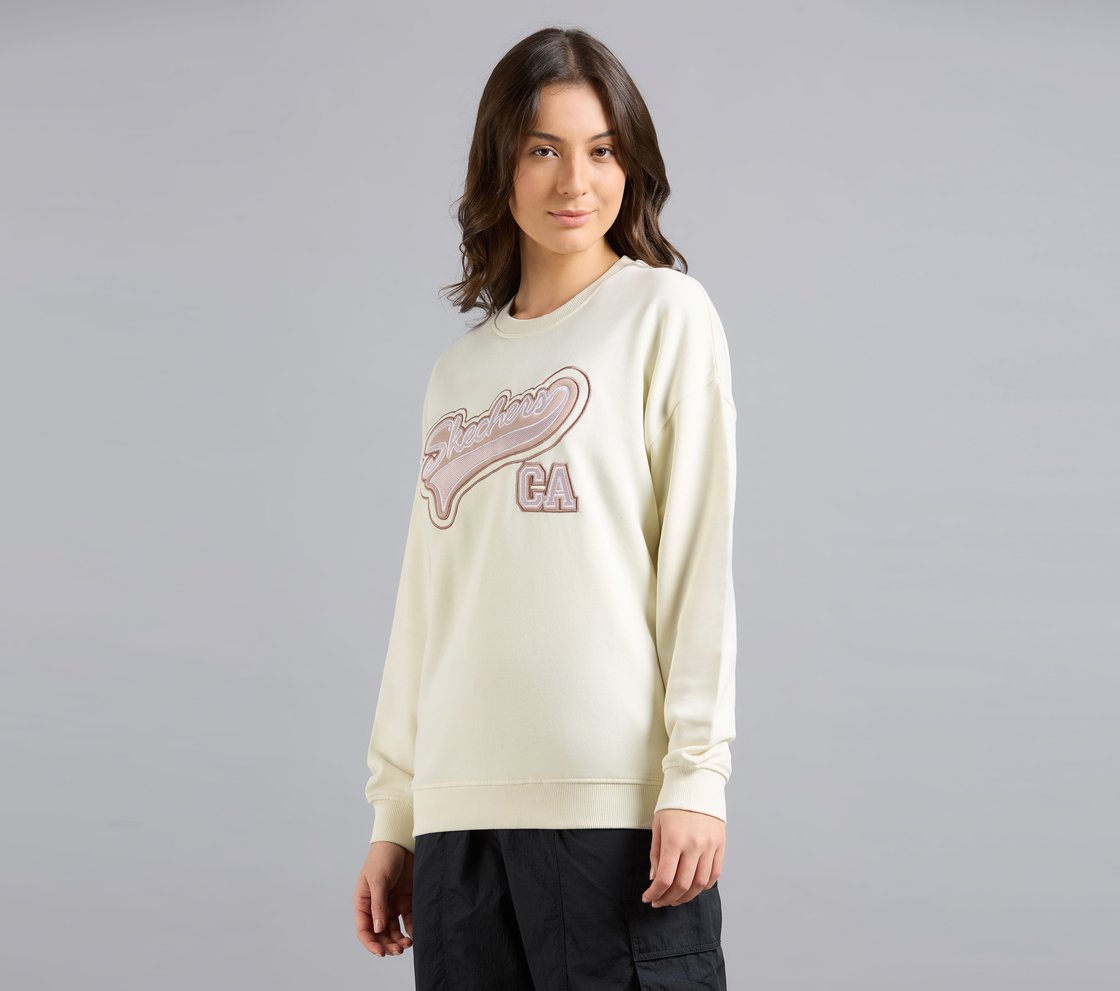SKECHERS APPLIQUED SWEATSHIRT, WHITE Apparel Top View