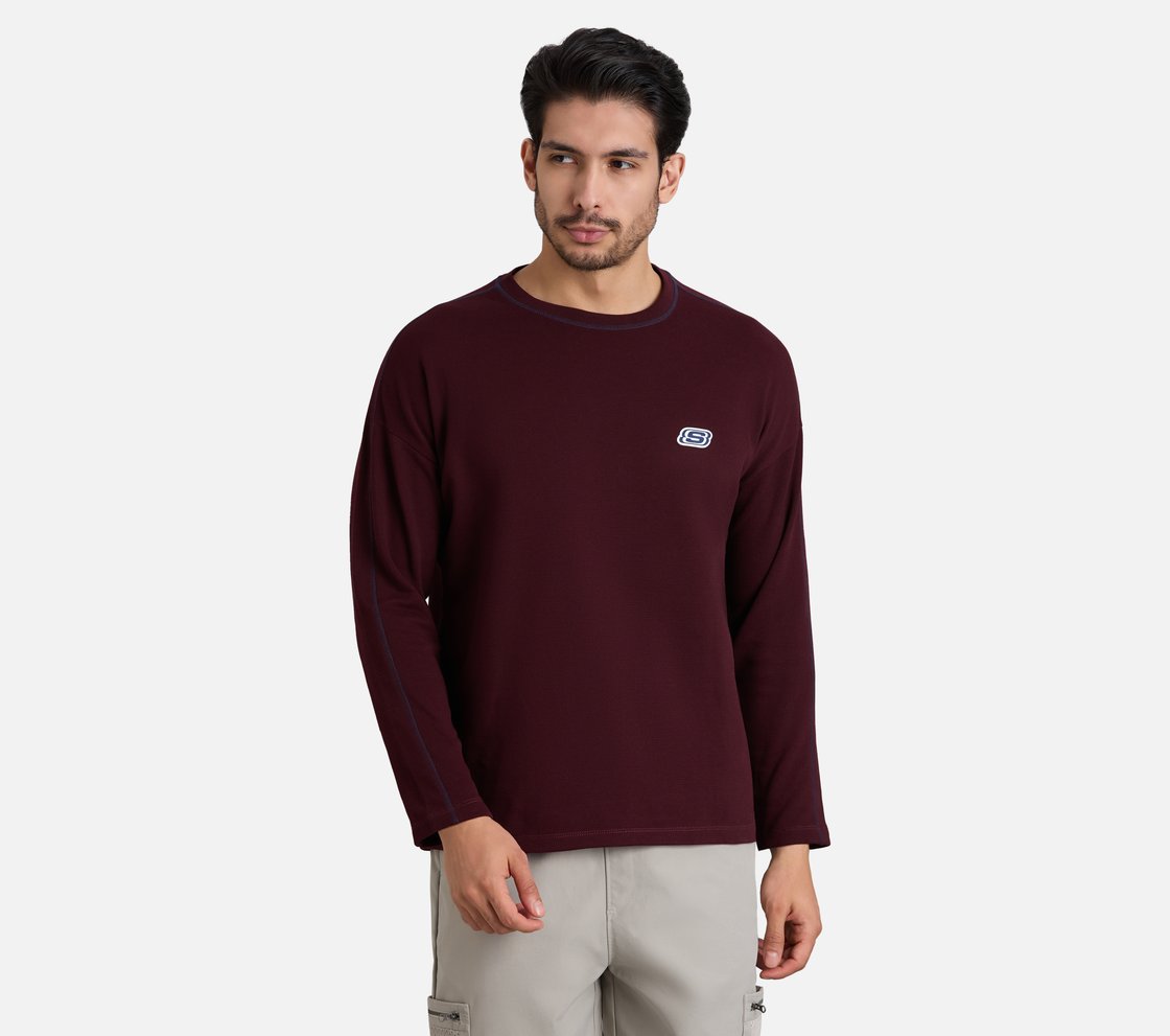 OVERSIZED CONTRAST FLATLOCK TEE, BURGUNDY/PINK
