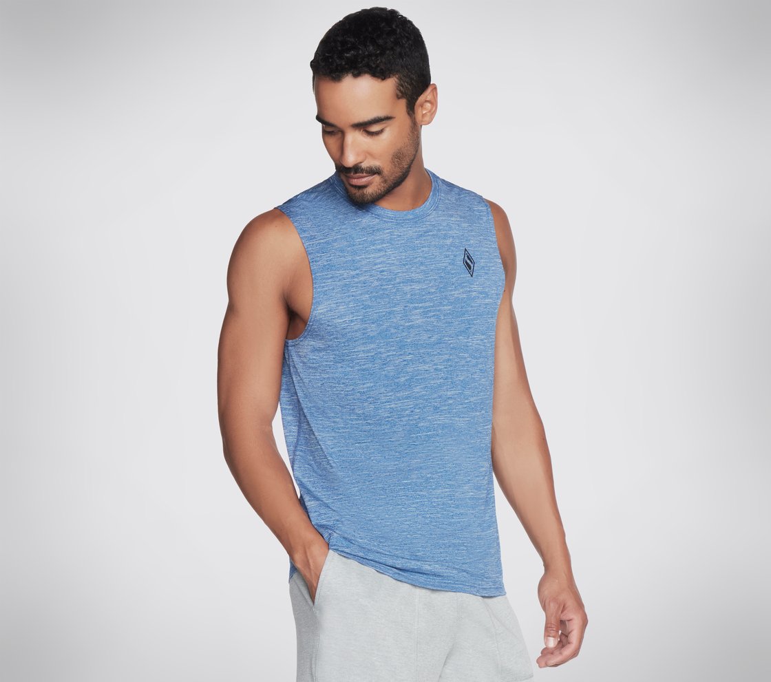ON THE ROAD MUSCLE TANK, BLUE/WHITE Apparel Lateral View