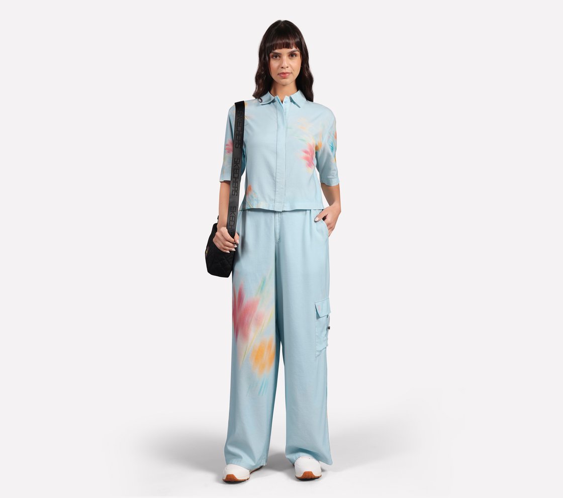 BLURRY FLORAL  PRINT FLARED PANT, WHITE/PINK/LIGHT BLUE
