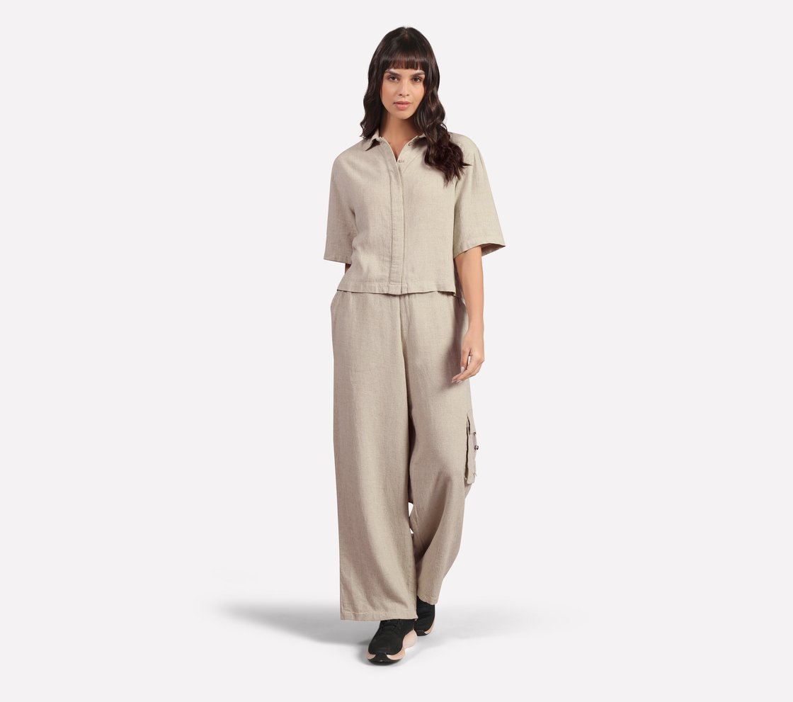 SOLID LINEN BRANDED PANT, BROWN/PINK