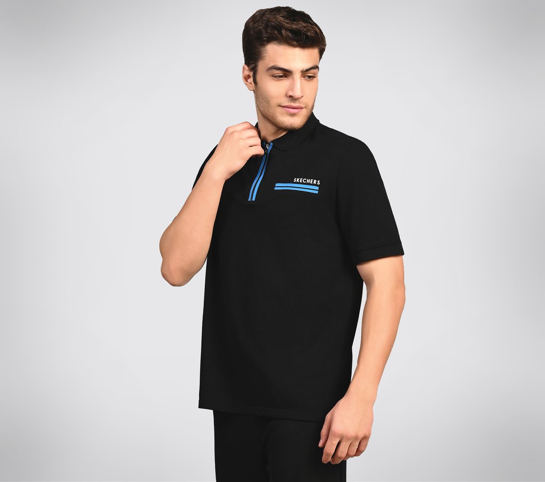 OASIS TWILL PLACKET POLO, BLACK/CHARCOAL/BLUE Apparel Top View
