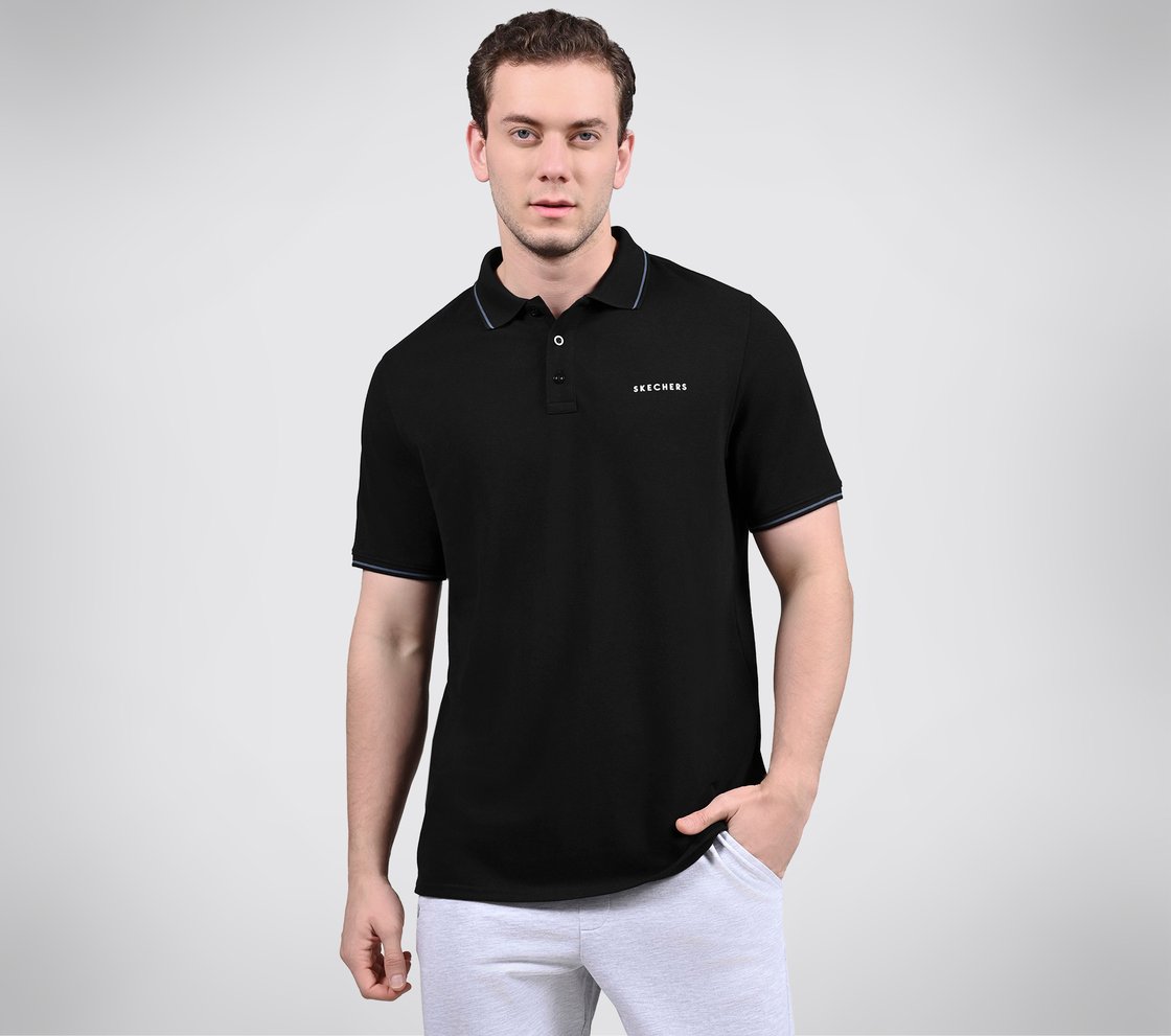 SKECHERS EVERYDAY POLO, BLACK/CHARCOAL/BLUE Apparel Lateral View