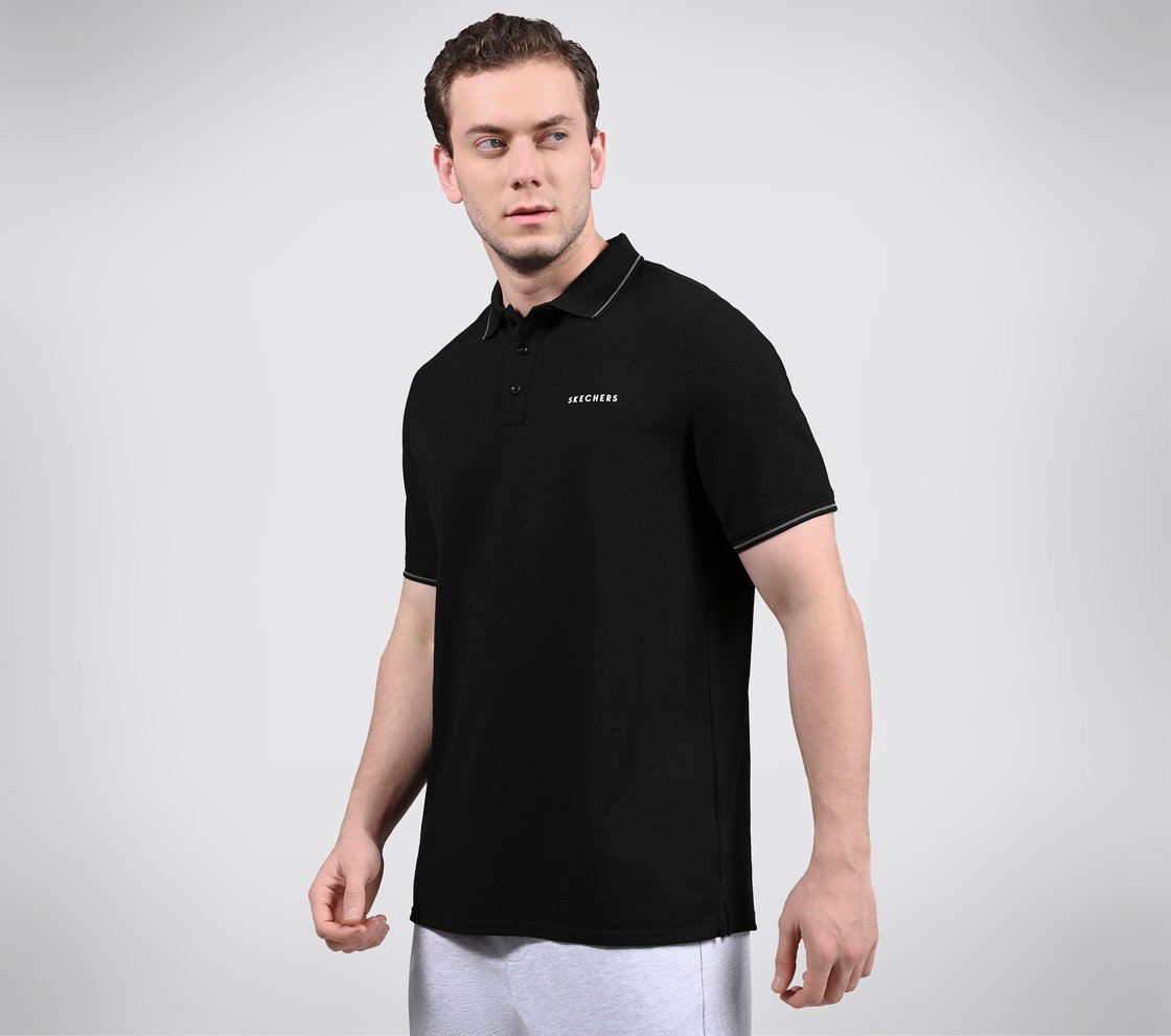 SKECHERS EVERYDAY POLO, BLACK/CHARCOAL/BLUE Apparel Top View