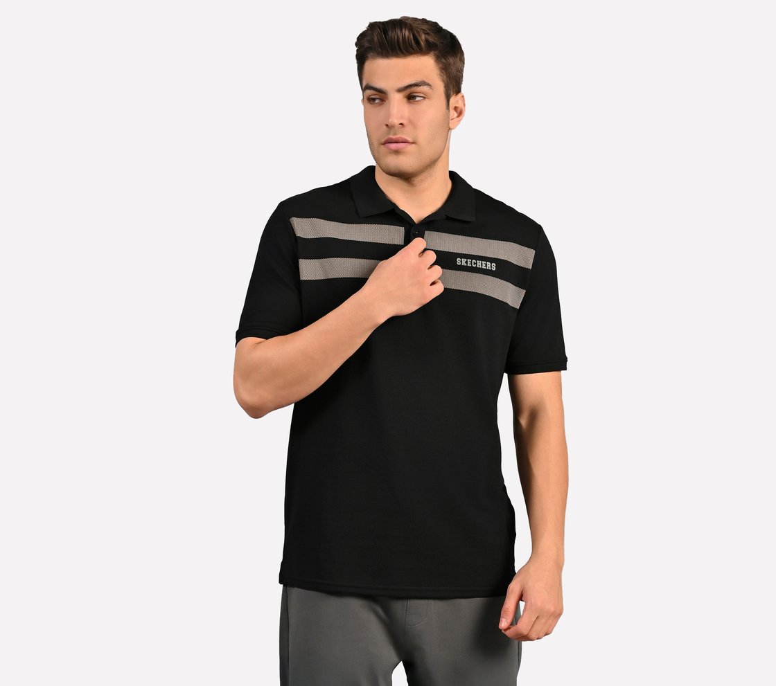 BRANDED DOUBLE PLACKET POLO, BLACK