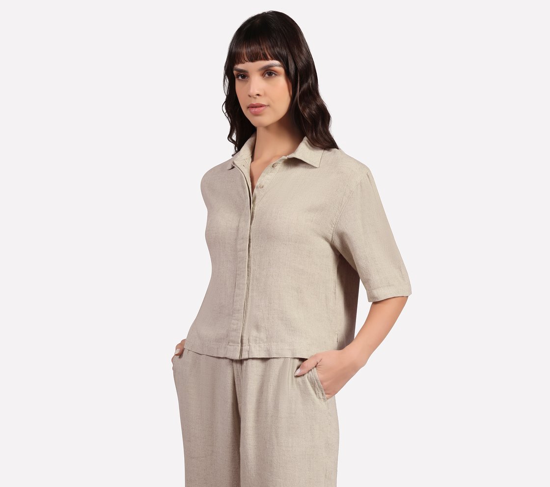 SOLID LINEN BRANDED SHIRT, BROWN/PINK Apparel Top View