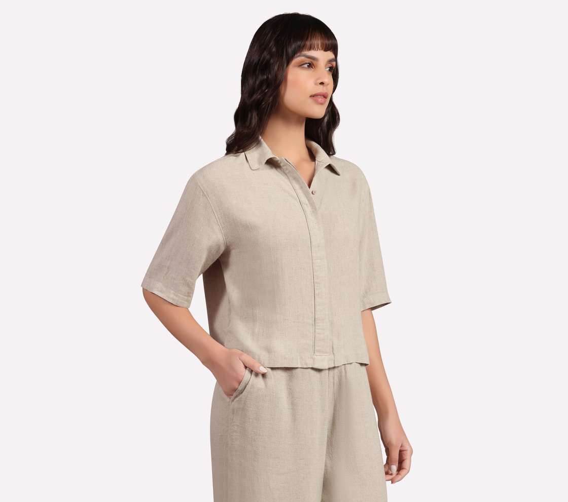 SOLID LINEN BRANDED SHIRT, BROWN/PINK Apparel Bottom View