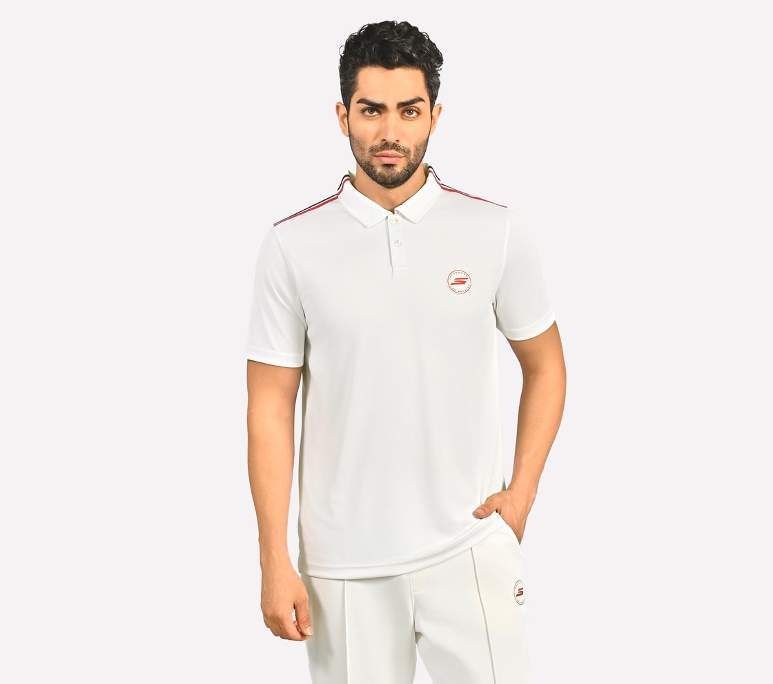 CRICKET SHOULDER TAPE POLO, BLACK/WHITE/RED Apparel Lateral View