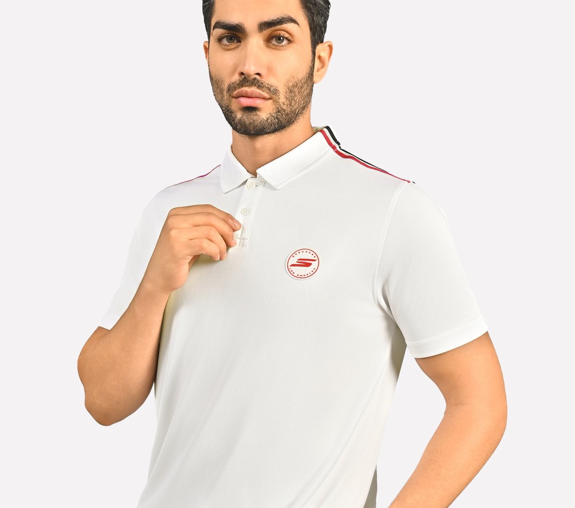 CRICKET SHOULDER TAPE POLO, BLACK/WHITE/RED Apparel Top View