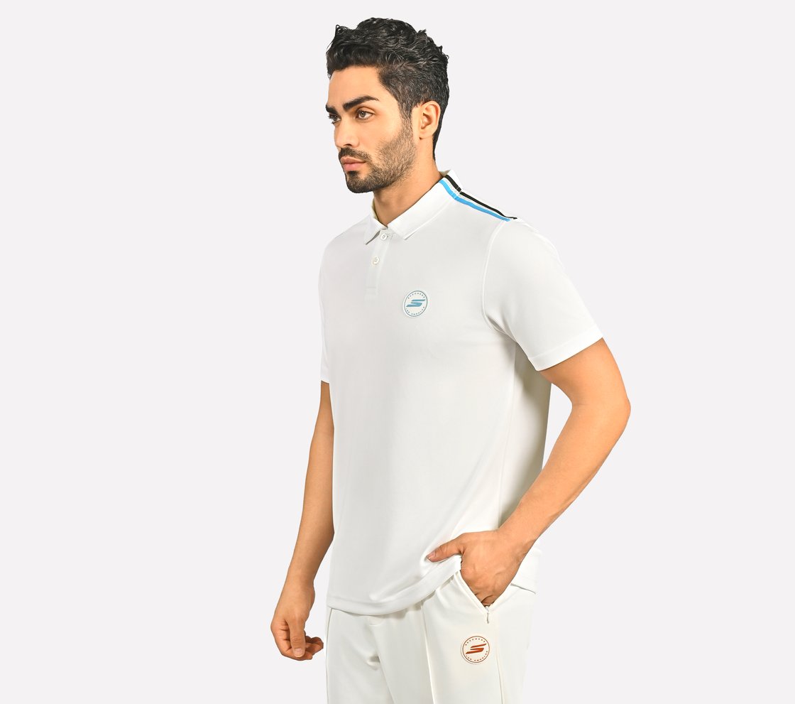 CRICKET SHOULDER TAPE POLO, BLACK/YELLOW/BLUE