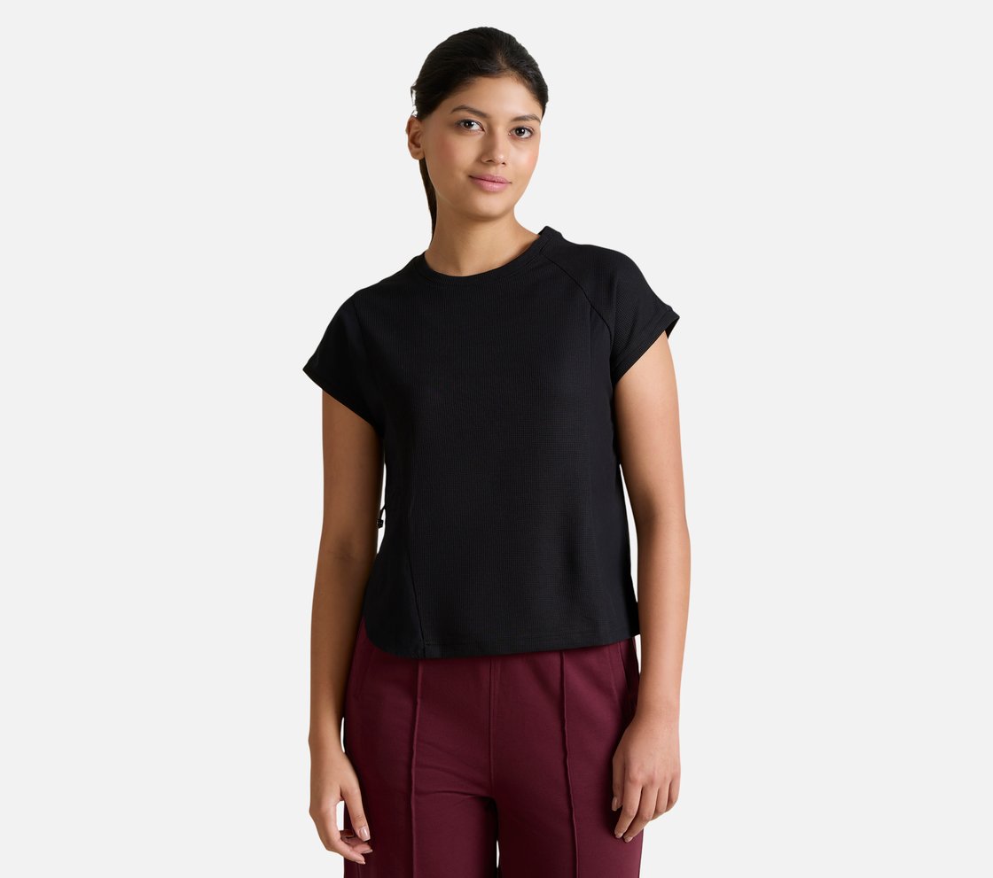 WAFFLE KNIT POPLIN T-SHIRT, BLACK